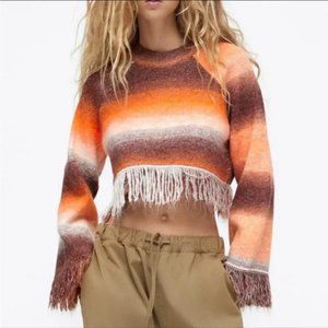 Womens NWOT Zara 70s Inspired Brown White Orange Fringe Cropped Sweater